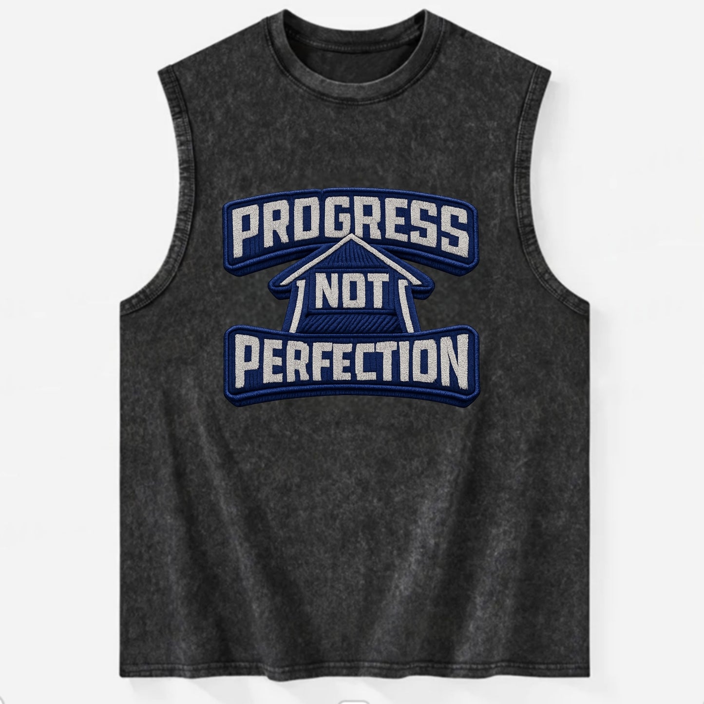 PROGRESS NOT PERFECTION - arrow with text in blue , growth mindset - Vintage Washed Tank - Black