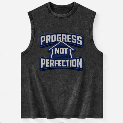 PROGRESS NOT PERFECTION - arrow with text in blue , growth mindset - Vintage Washed Tank - Black