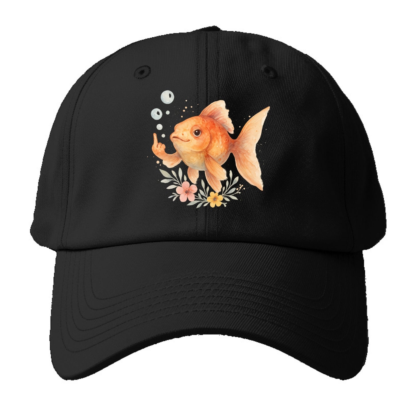 chubby goldfish blowing bubbles, one fin extended like middle finger - Baseball Cap - Black