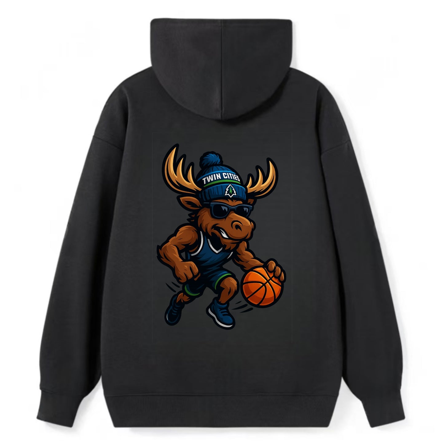 Twin Cities Moose wearing Timberwolves beanie with pine tree patch and - Classic Pullover Hoodie - Black