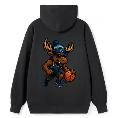 Twin Cities Moose wearing Timberwolves beanie with pine tree patch and - Classic Pullover Hoodie - Black