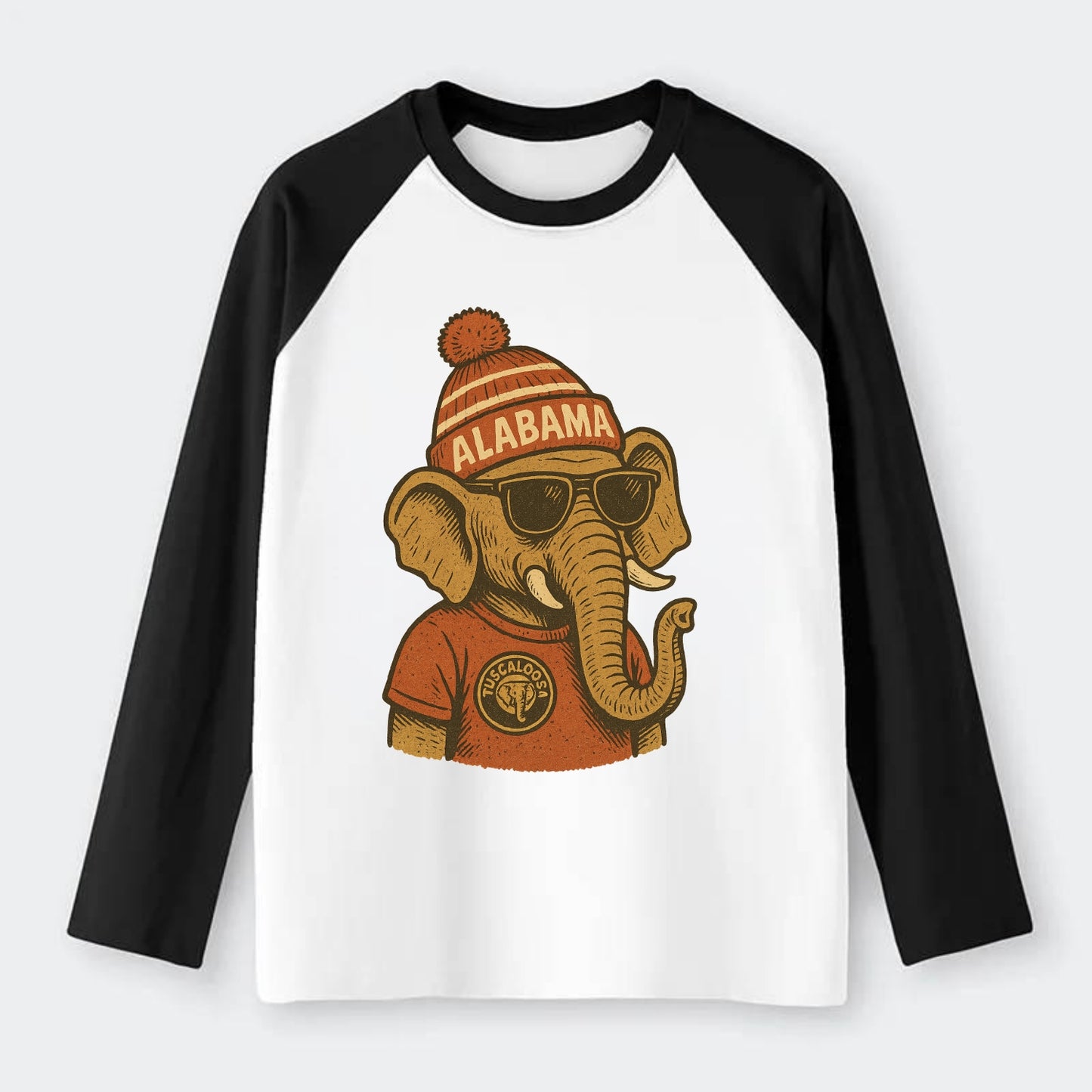 Tuscaloosa Crimson Elephant wearing Alab - Raglan Long Sleeve T-Shirt - Black