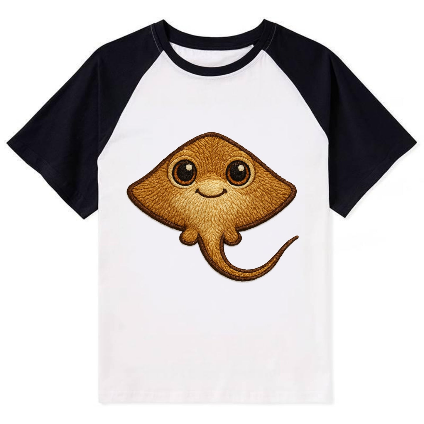 Baby Stingray - flat body, long tail, eyes on top, front-facing, friendly - Contrast Raglan T-shirt - Black