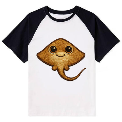 Baby Stingray - flat body, long tail, eyes on top, front-facing, friendly - Contrast Raglan T-shirt - Black