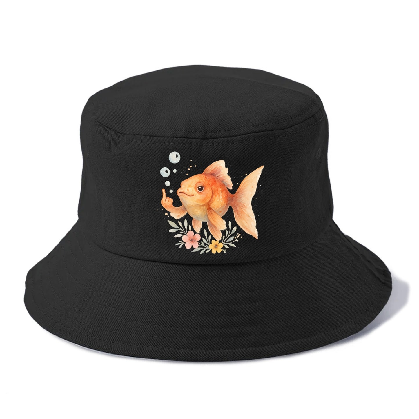 chubby goldfish blowing bubbles, one fin extended like middle finger - Bucket Hat - Black