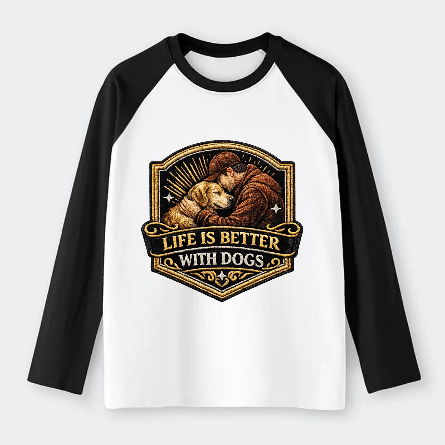 LIFE IS BETTER WITH DOGS - dog and human in brown , dog lover - Raglan Long Sleeve T-Shirt - Black