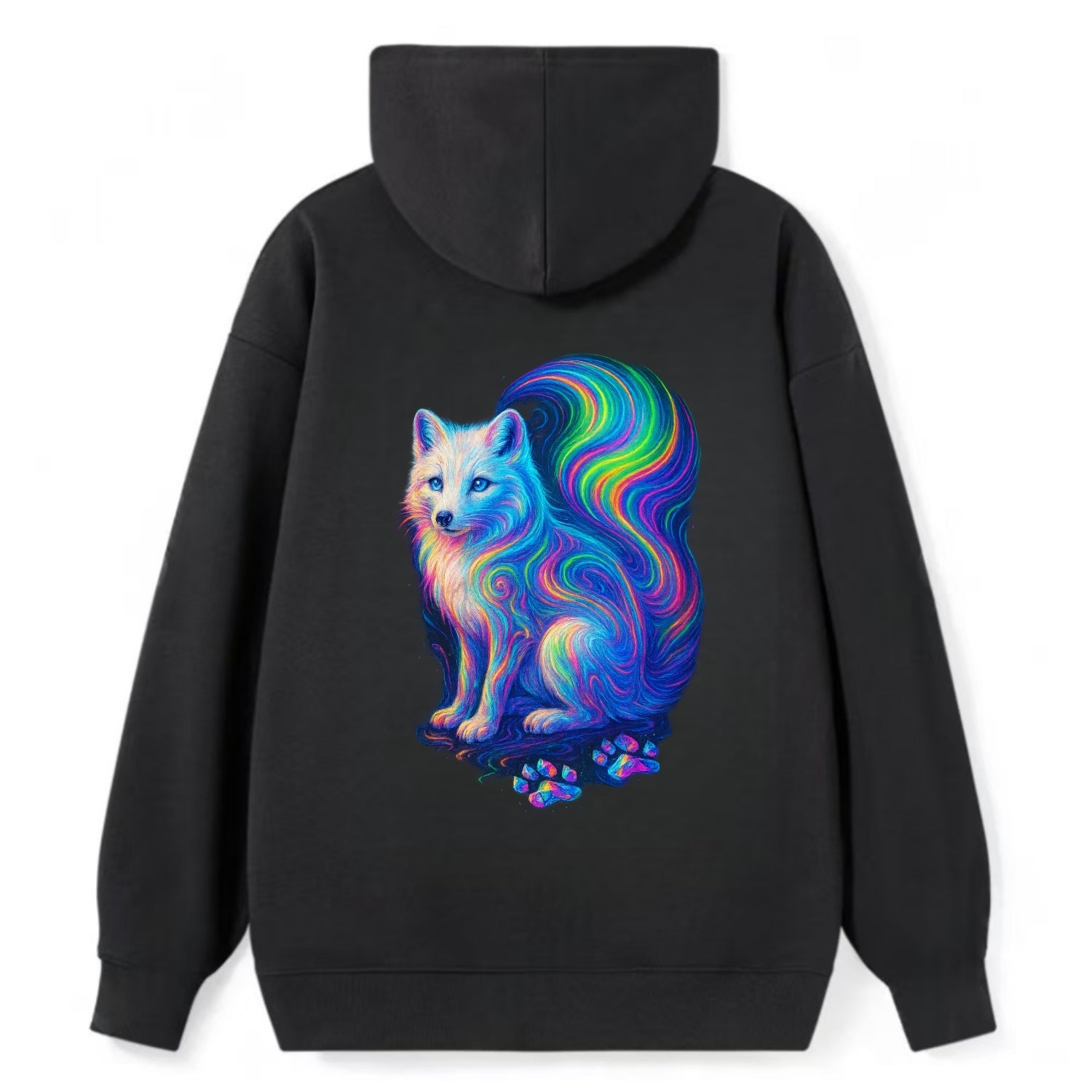 Graceful arctic fox with tail streaming aurora colors, white fur with - Classic Pullover Hoodie - Black