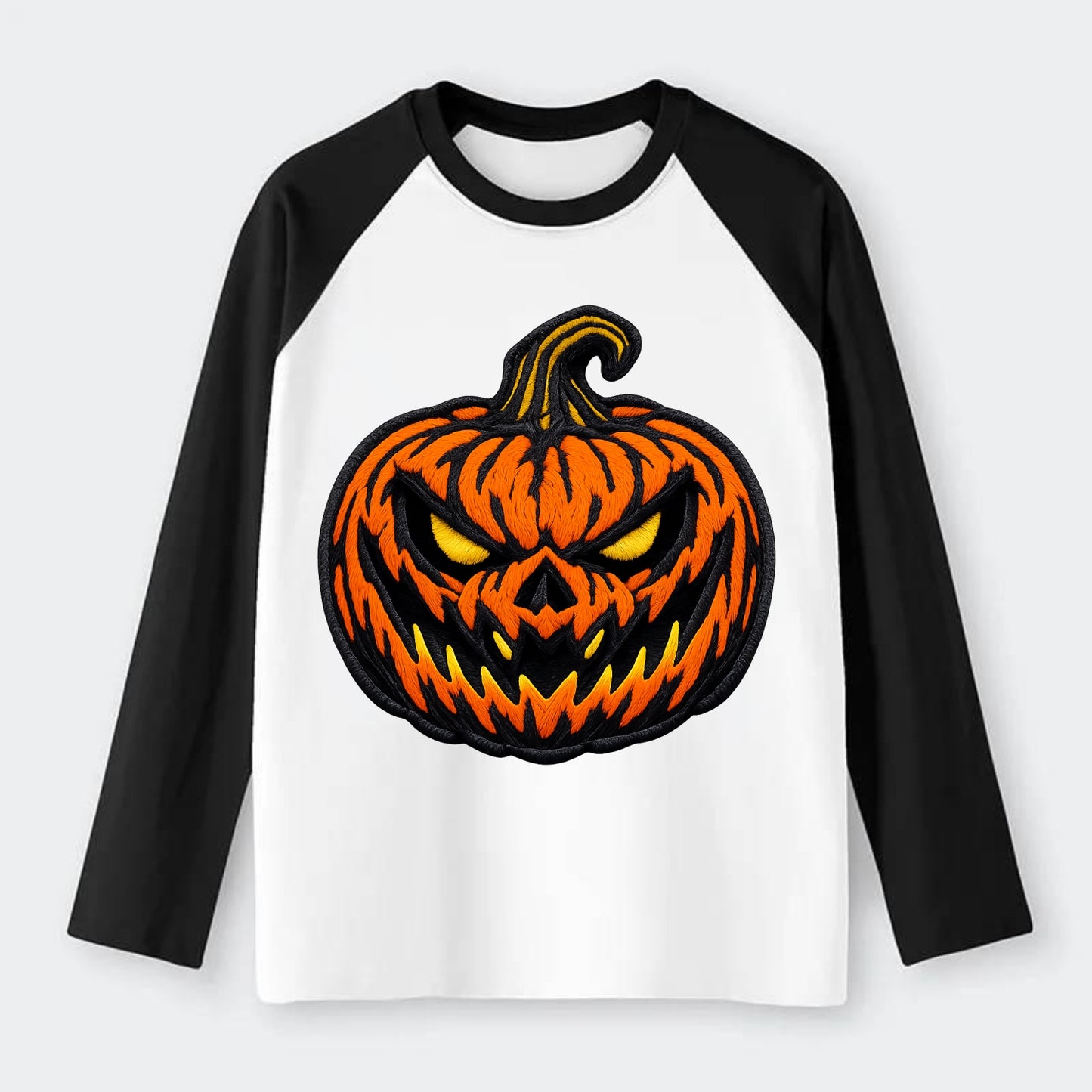 HALLOWEEN PUMPKIN - jack o lantern in orange and black , spooky - Raglan Long Sleeve T-Shirt - Black