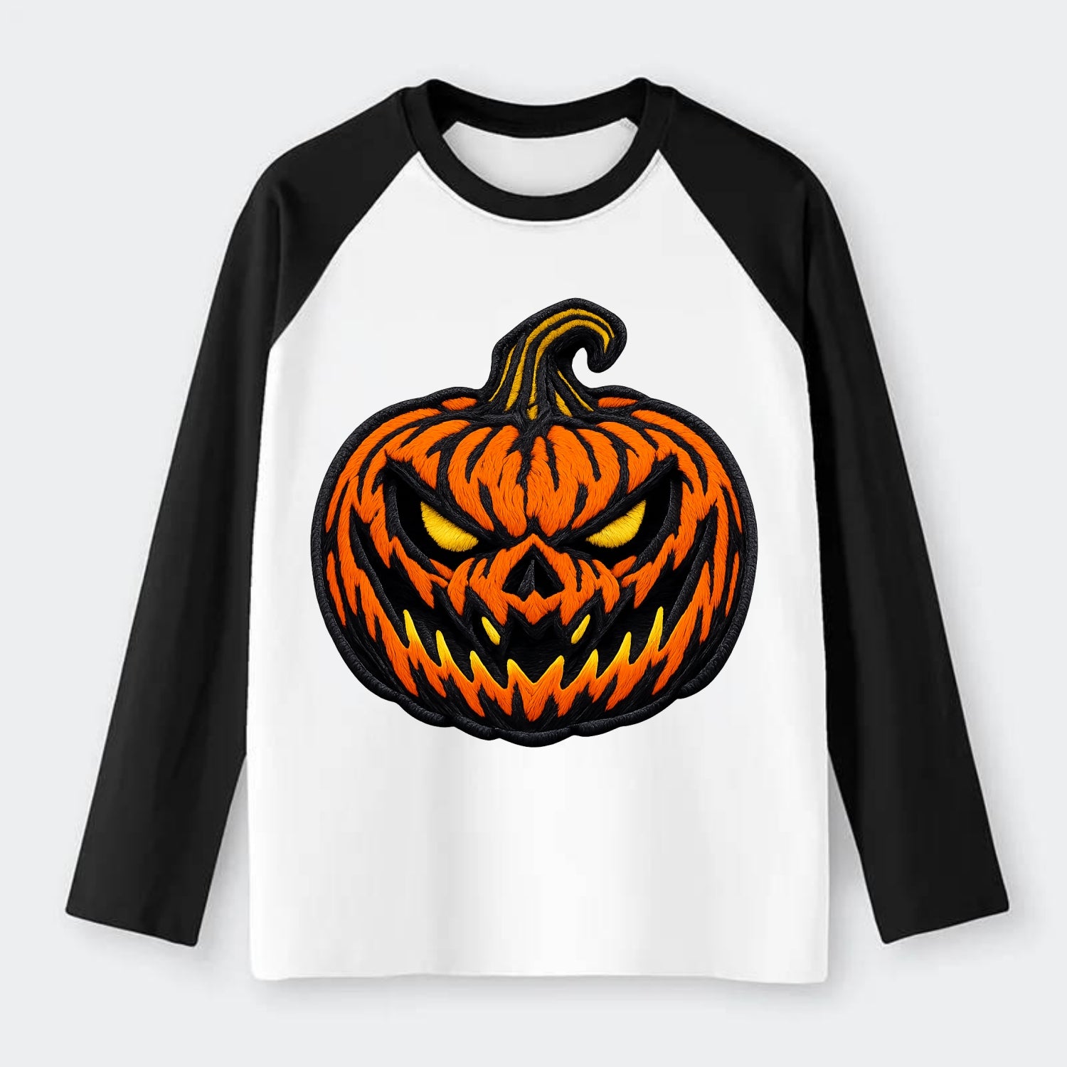 HALLOWEEN PUMPKIN - jack o lantern in orange and black , spooky - Raglan Long Sleeve T-Shirt - Black