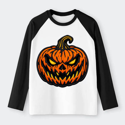 HALLOWEEN PUMPKIN - jack o lantern in orange and black , spooky - Raglan Long Sleeve T-Shirt - Black