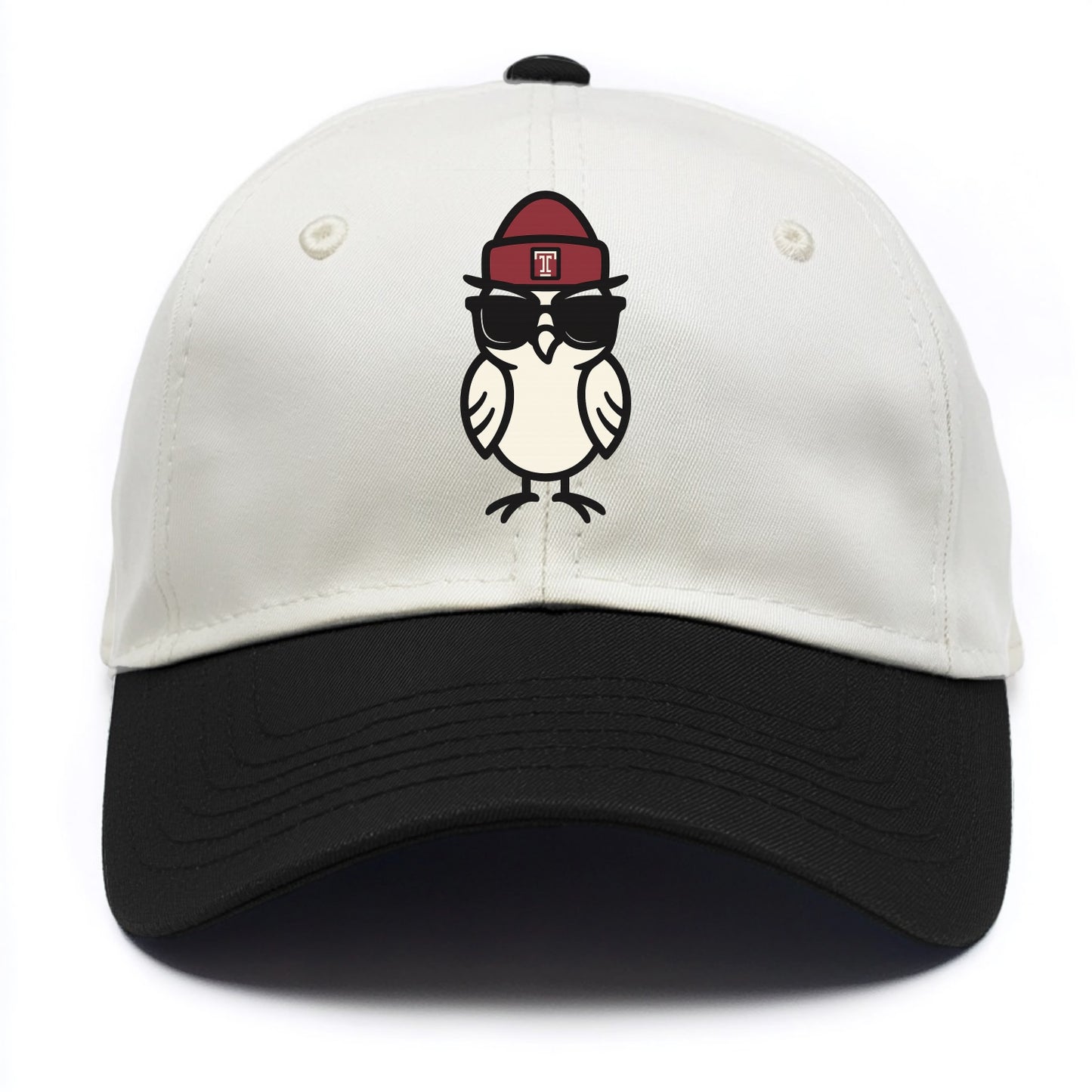 Philadelphia Owl wearing Temple beanie with T patch - Two Tone Cap - Black
