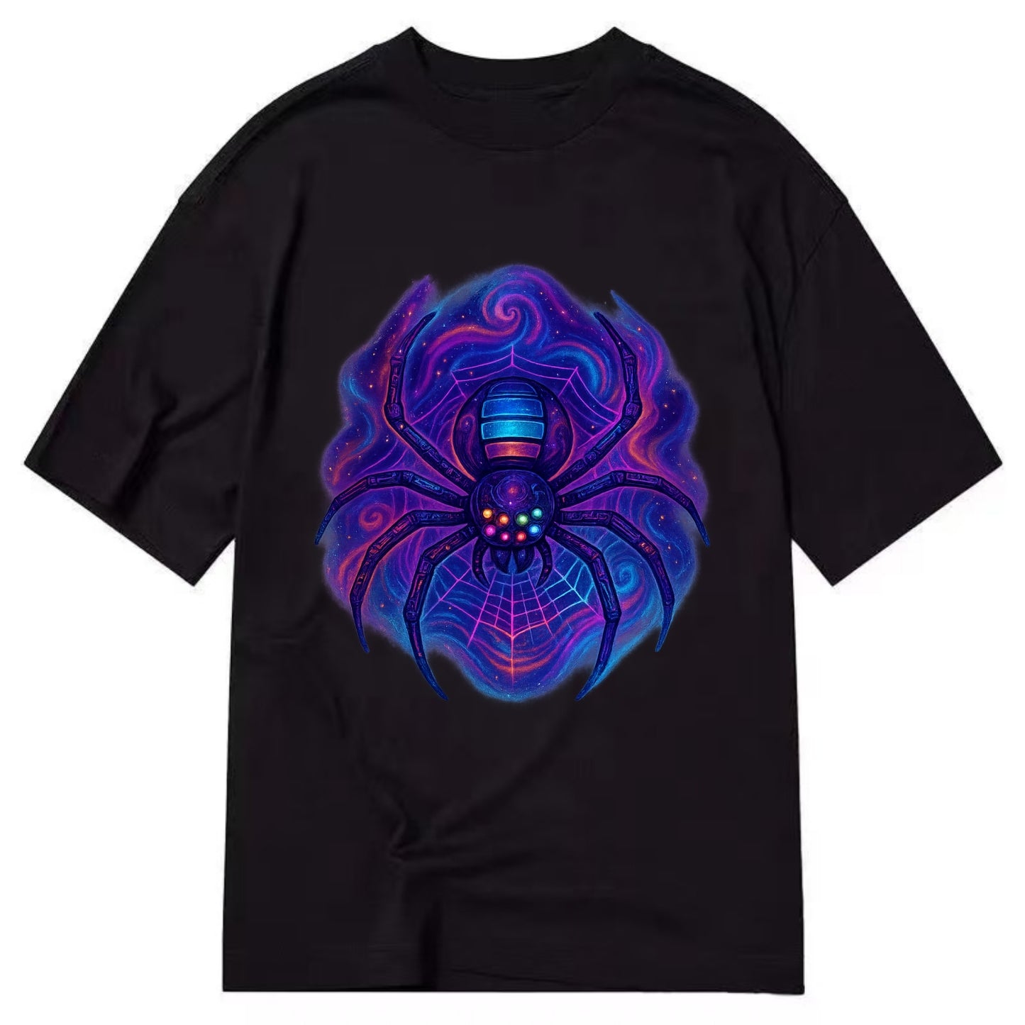 Tech spider with legs showing circuit board patterns, web glowing in neon grid - Classic T-shirt - Black