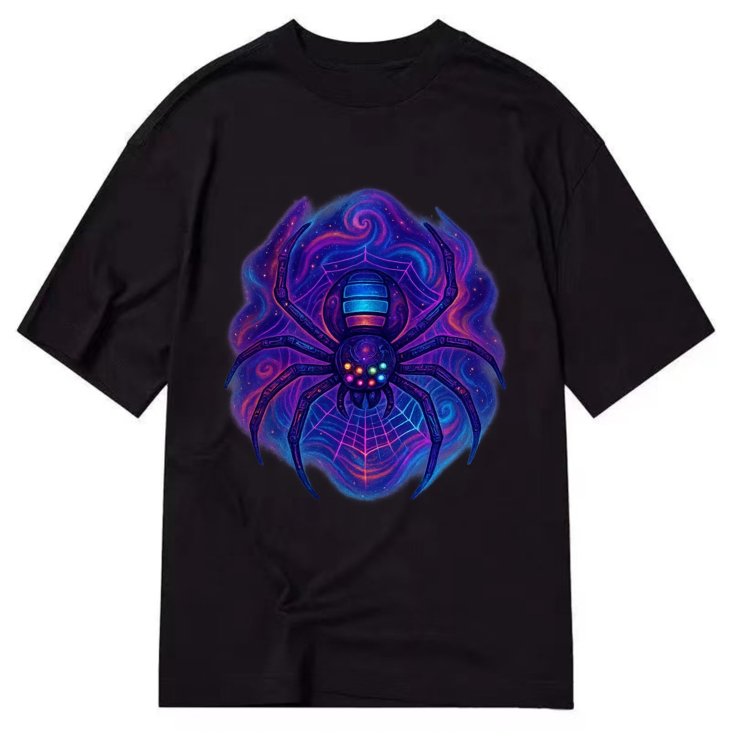Tech spider with legs showing circuit board patterns, web glowing in neon grid - Classic T-shirt - Black