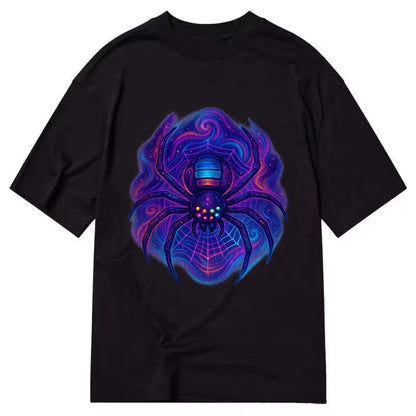 Tech spider with legs showing circuit board patterns, web glowing in neon grid - Classic T-shirt - Black