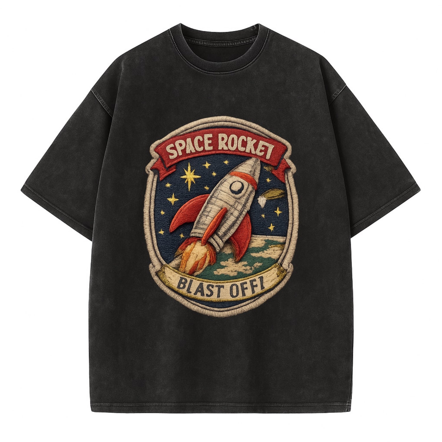 RETRO ROCKET - 1950s space rocket in silver and red , atomic age - Vintage T-shirt - Black