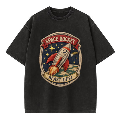RETRO ROCKET - 1950s space rocket in silver and red , atomic age - Vintage T-shirt - Black