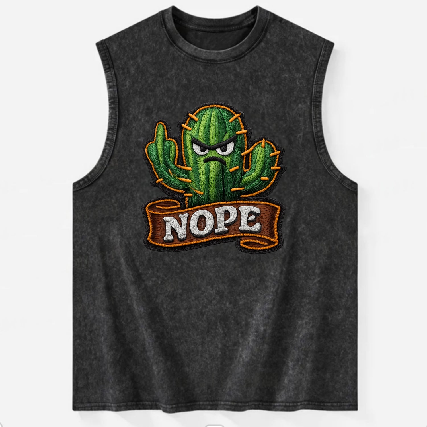 NOPE CACTUS - cactus with attitude in green , prickly personality - Vintage Washed Tank - Black