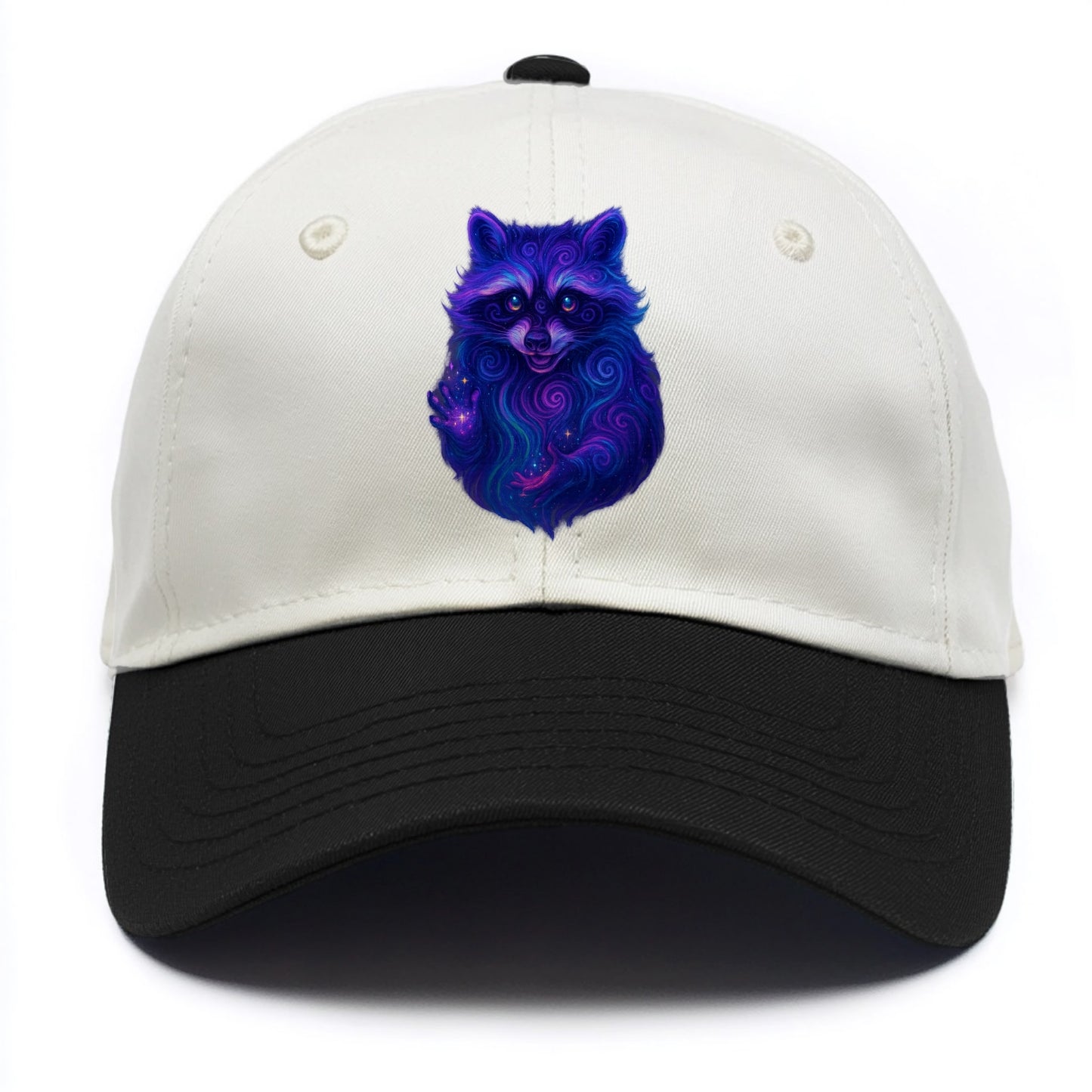 Playful raccoon with mask swirling in hypnotic patterns, neon purple and green fur - Two Tone Cap - Black