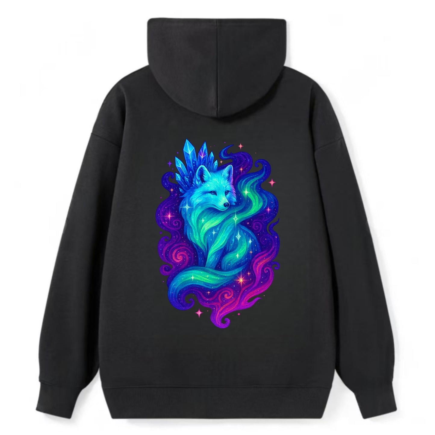 Ethereal arctic fox with fur that transforms into crystal formations, - Classic Pullover Hoodie - Black