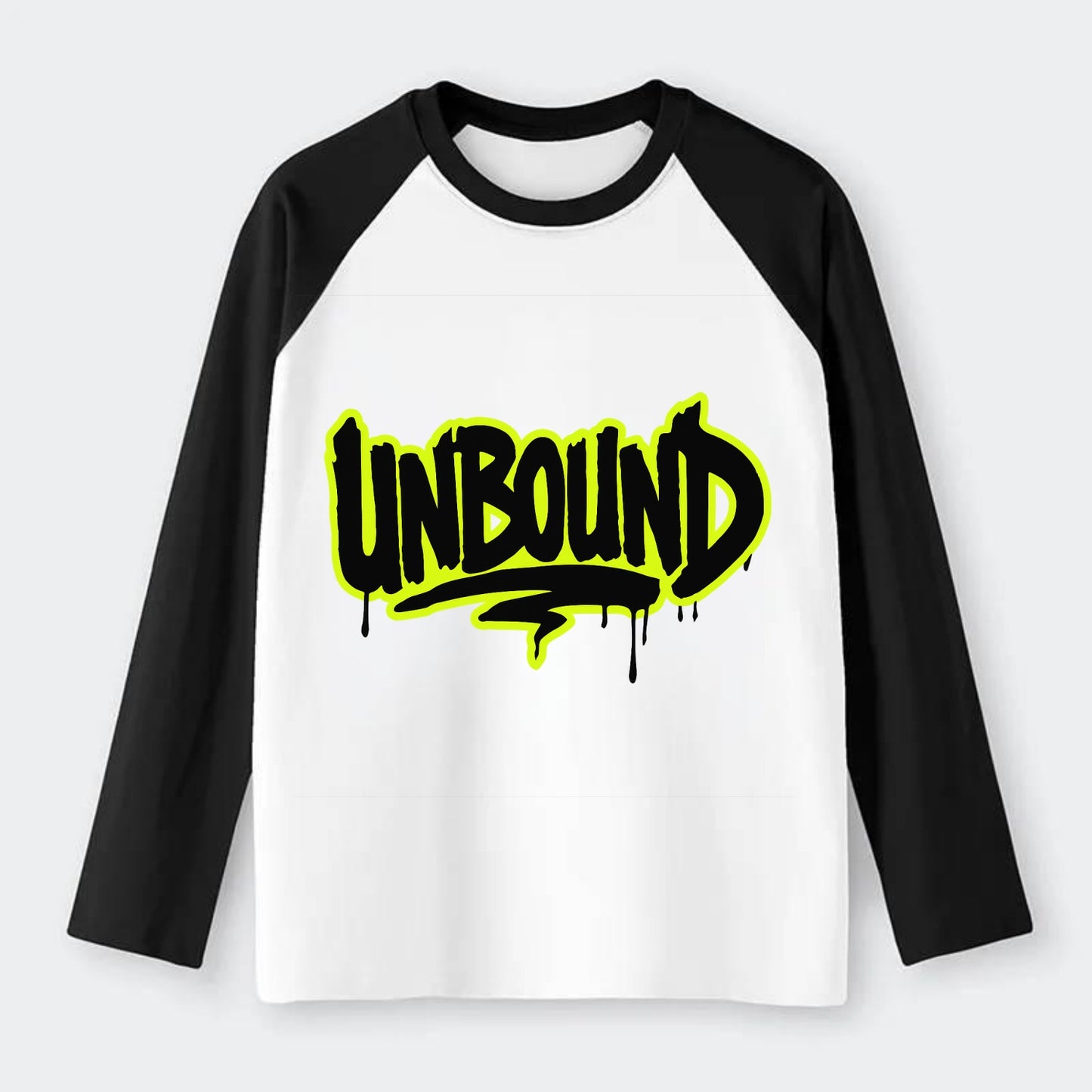 Bold typography design - "UNBOUND" - without limits, free from - Raglan Long Sleeve T-Shirt - Black