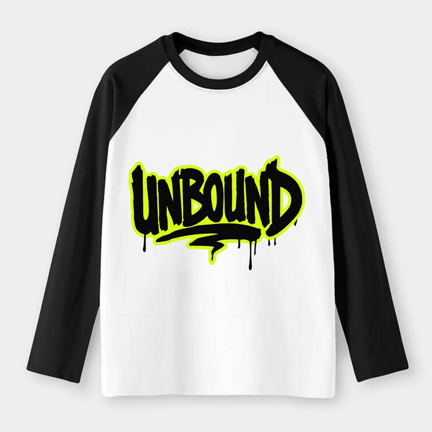 Bold typography design - "UNBOUND" - without limits, free from - Raglan Long Sleeve T-Shirt - Black