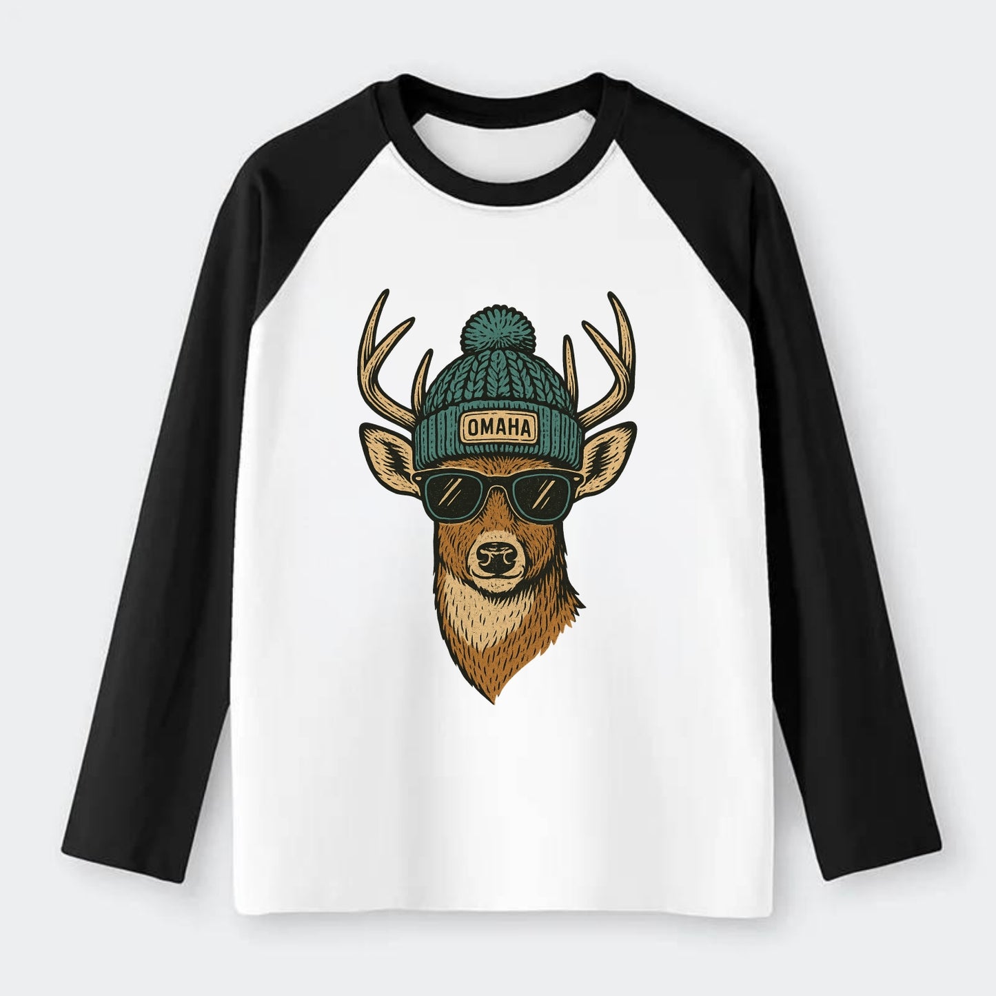 Nebraska White-tailed Deer wearing Omaha beanie with pom pom and - Raglan Long Sleeve T-Shirt - Black