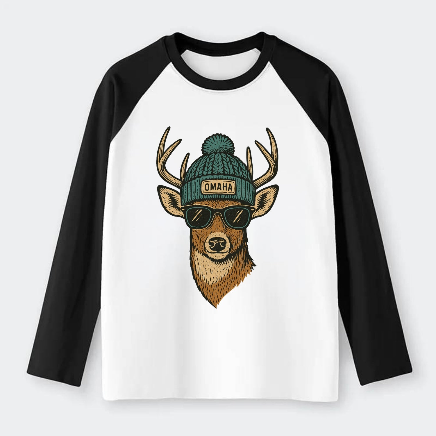 Nebraska White-tailed Deer wearing Omaha beanie with pom pom and - Raglan Long Sleeve T-Shirt - Black