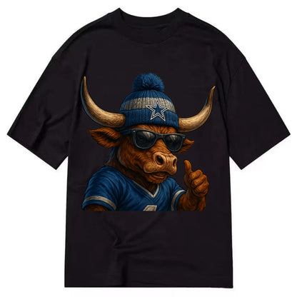 Texas Longhorn wearing Cowboys silver and blue beanie with star and wayfarer - Classic T-shirt - Black