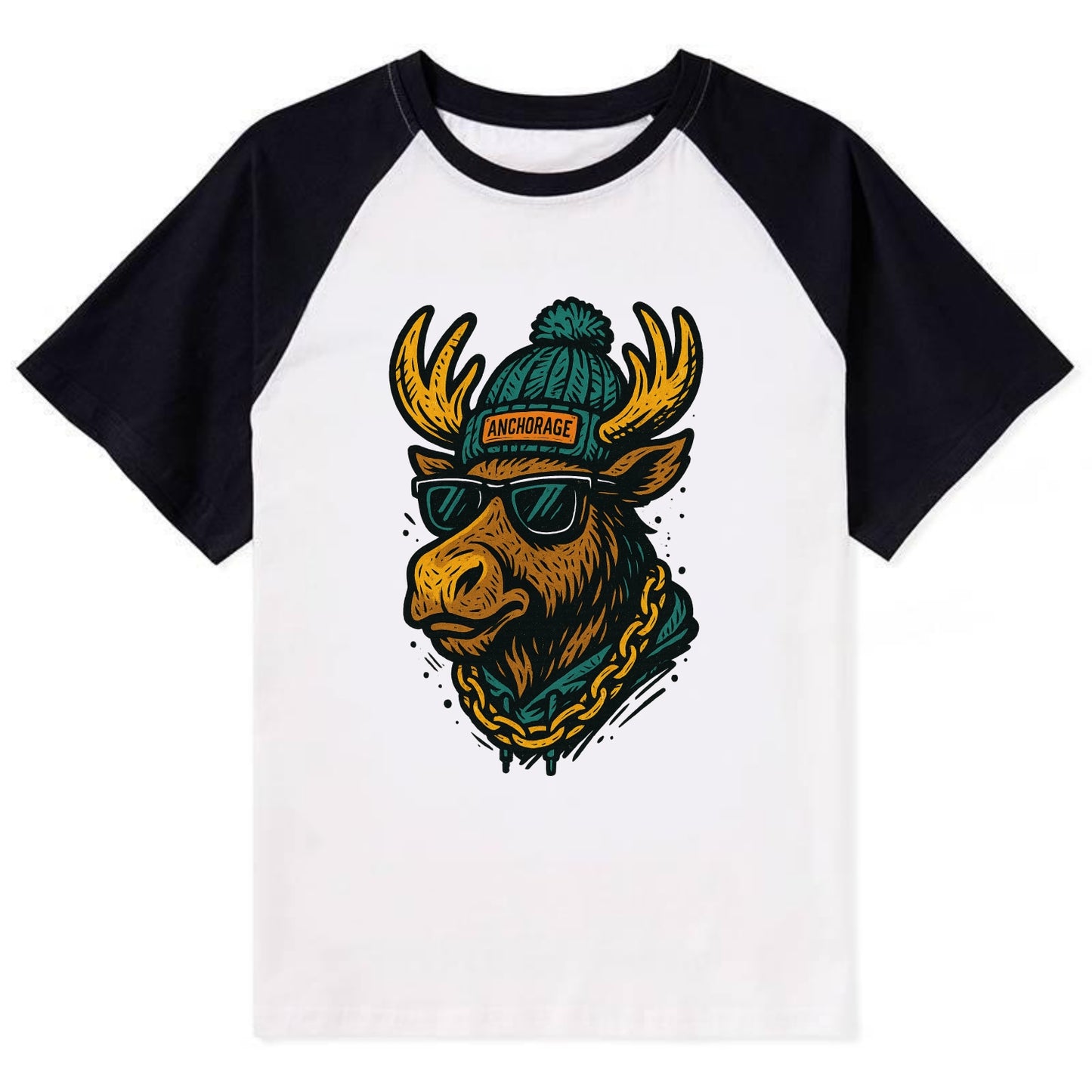 Alaska Moose wearing Anchorage beanie with pom pom and wayfarer sunglasses - Contrast Raglan T-shirt - Black