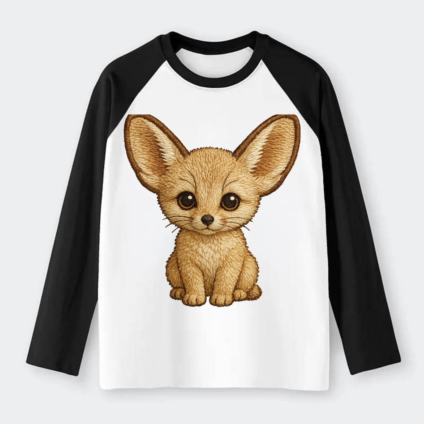 Baby Fennec Fox - huge ears, cream fur, large dark eyes, front-facing, - Raglan Long Sleeve T-Shirt - Black