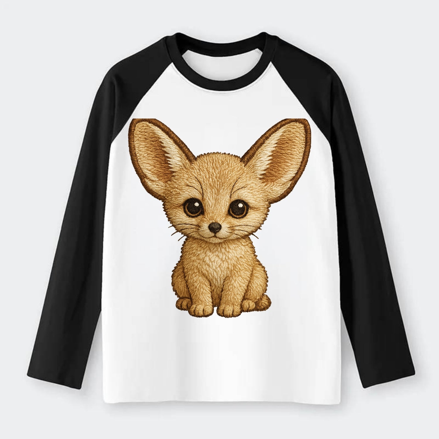 Baby Fennec Fox - huge ears, cream fur, large dark eyes, front-facing, - Raglan Long Sleeve T-Shirt - Black