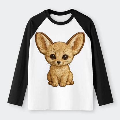 Baby Fennec Fox - huge ears, cream fur, large dark eyes, front-facing, - Raglan Long Sleeve T-Shirt - Black