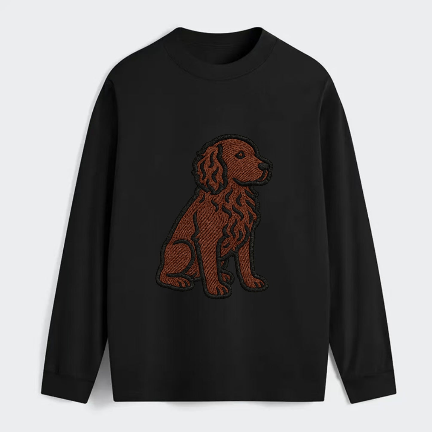 Boykin Spaniel - Rich chocolate brown wavy coat embroidered sitting pose - Classic Long Sleeve Shirt - Black