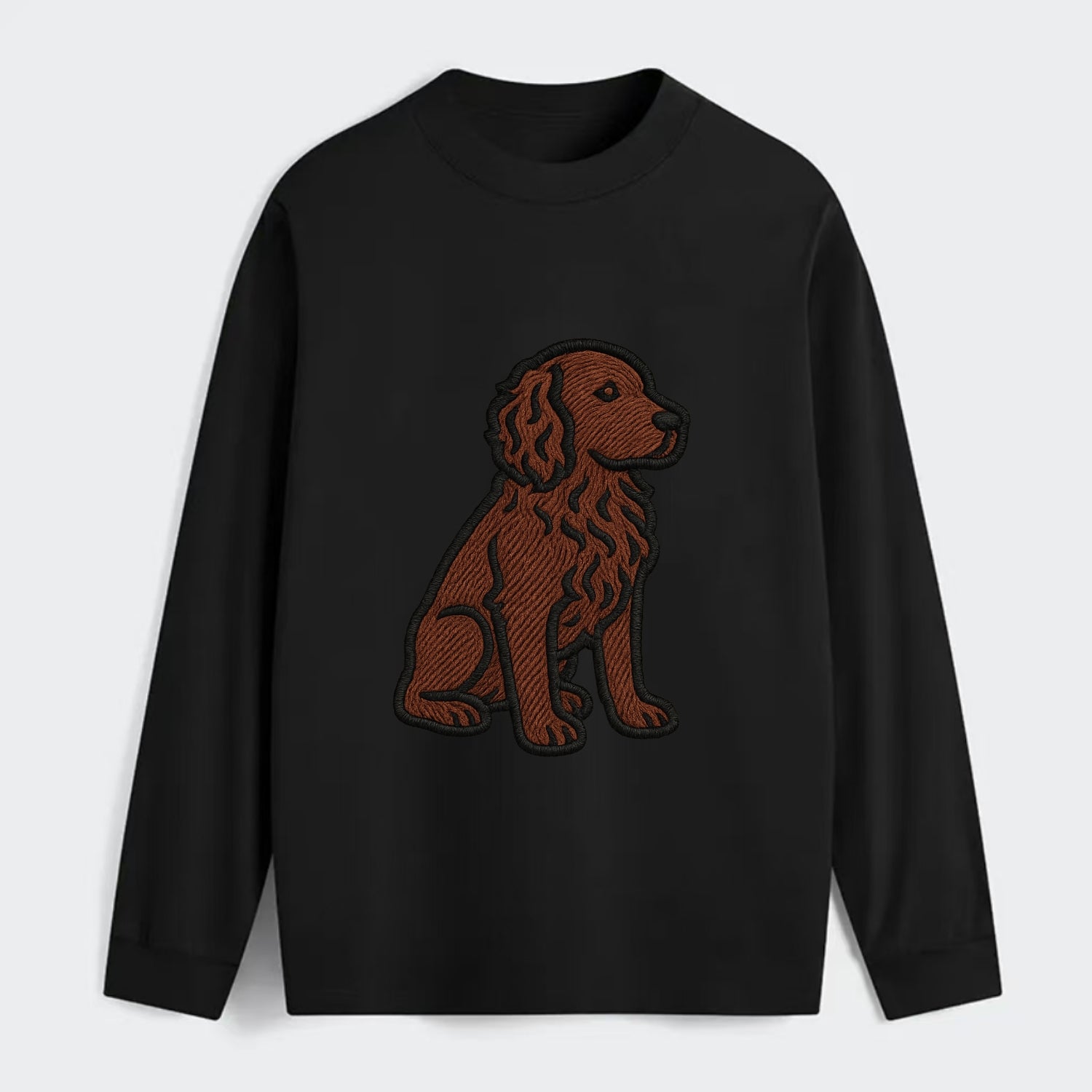 Boykin Spaniel - Rich chocolate brown wavy coat embroidered sitting pose - Classic Long Sleeve Shirt - Black
