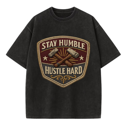 STAY HUMBLE HUSTLE HARD - text in silver , work ethic - Vintage T-shirt - Black