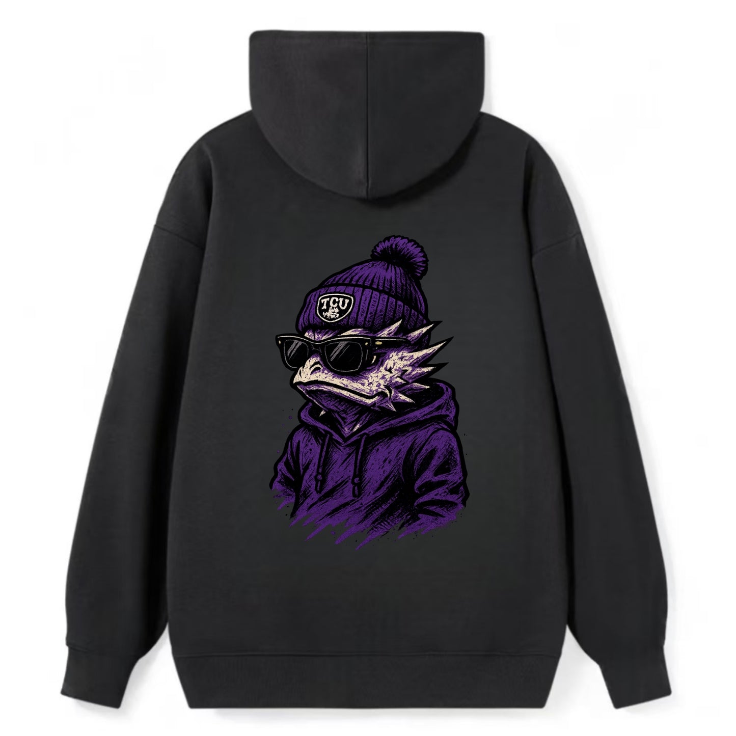 Fort Worth Horned Frog wearing TCU beanie with frog patch - Classic Pullover Hoodie - Black