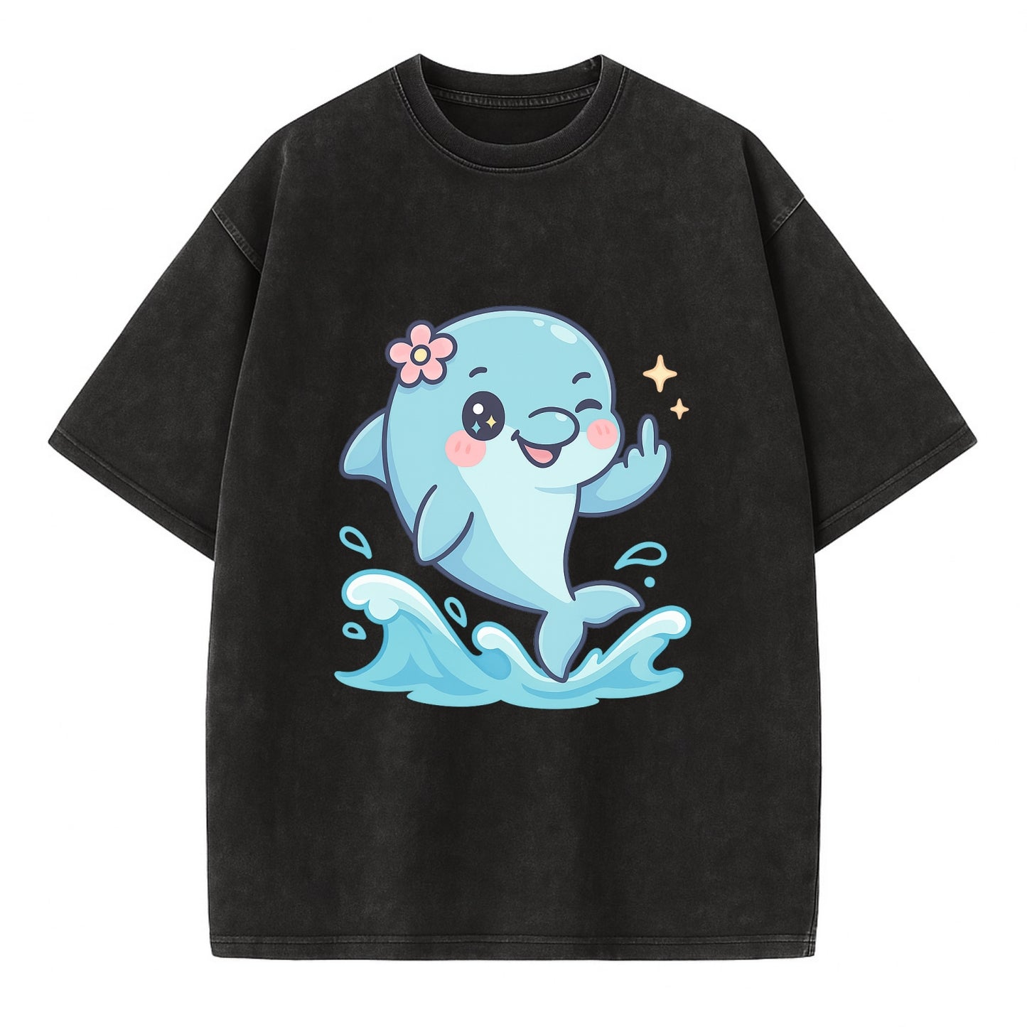 smiling dolphin jumping through ocean waves, one fin up with attitude - Vintage T-shirt - Black