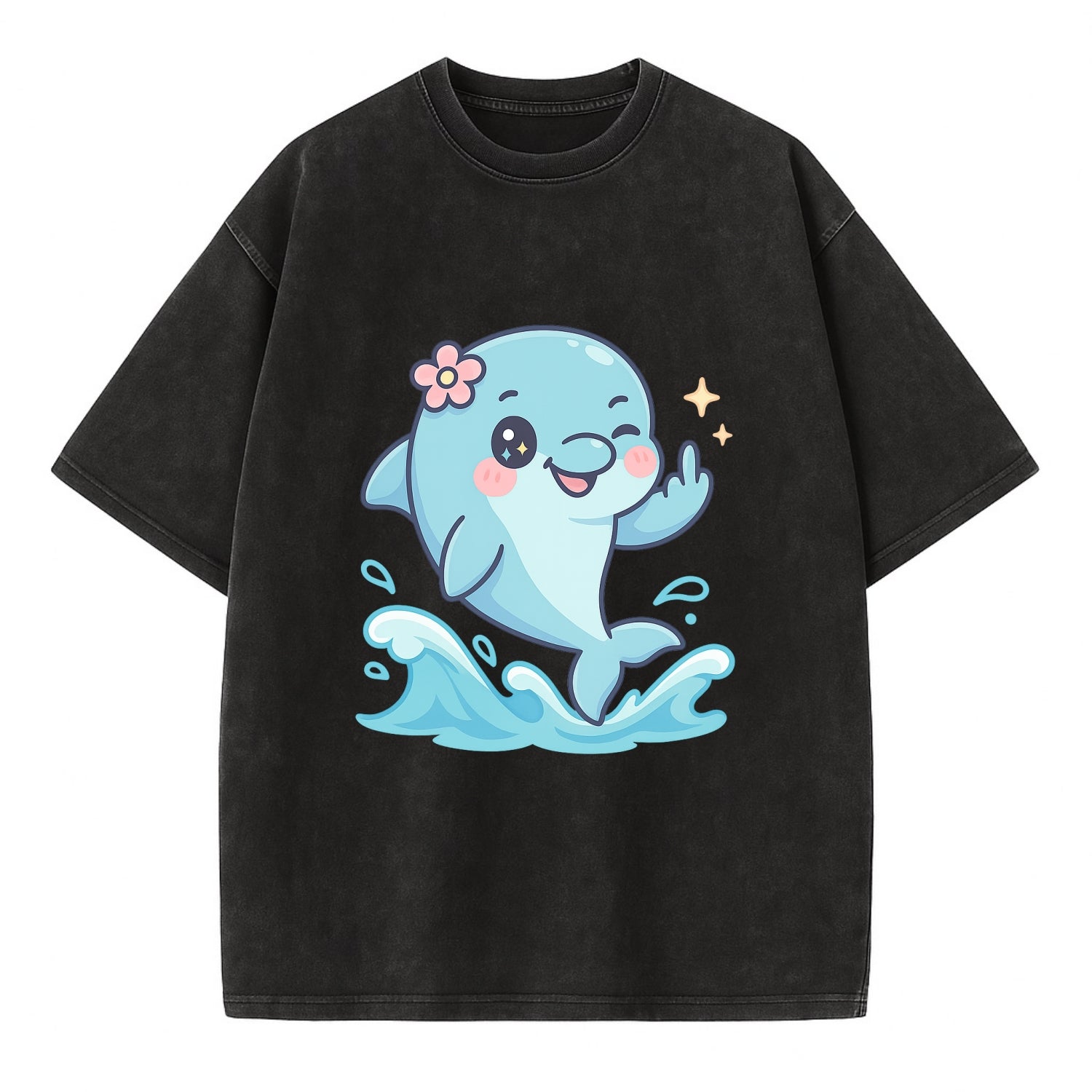 smiling dolphin jumping through ocean waves, one fin up with attitude - Vintage T-shirt - Black