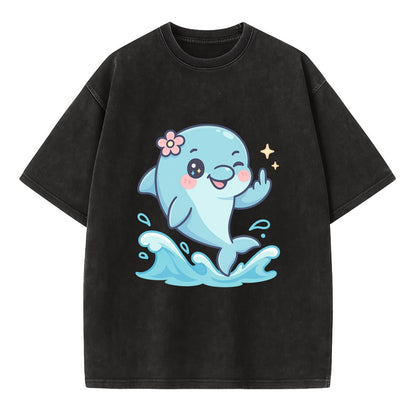 smiling dolphin jumping through ocean waves, one fin up with attitude - Vintage T-shirt - Black