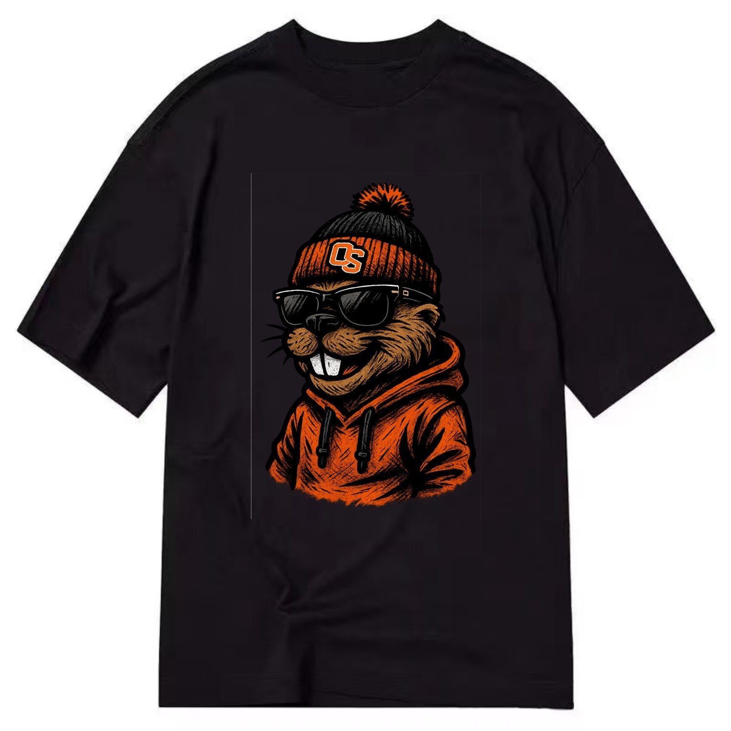Corvallis Beaver wearing Oregon State beanie with OS patch - Classic T-shirt - Black