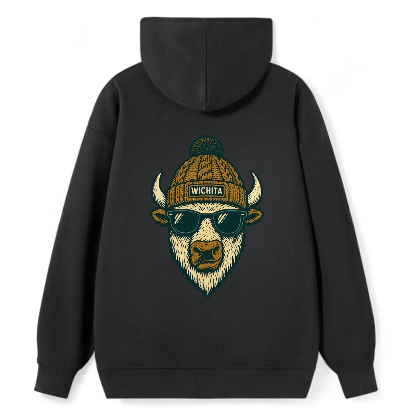 Kansas American Bison wearing Wichita beanie with pom pom and wayfarer - Classic Pullover Hoodie - Black