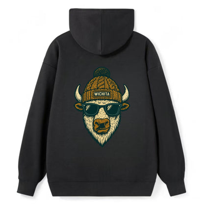 Kansas American Bison wearing Wichita beanie with pom pom and wayfarer - Classic Pullover Hoodie - Black