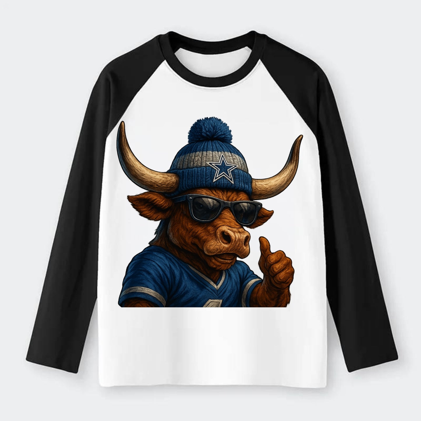 Texas Longhorn wearing Cowboys silver and blue beanie with star and - Raglan Long Sleeve T-Shirt - Black