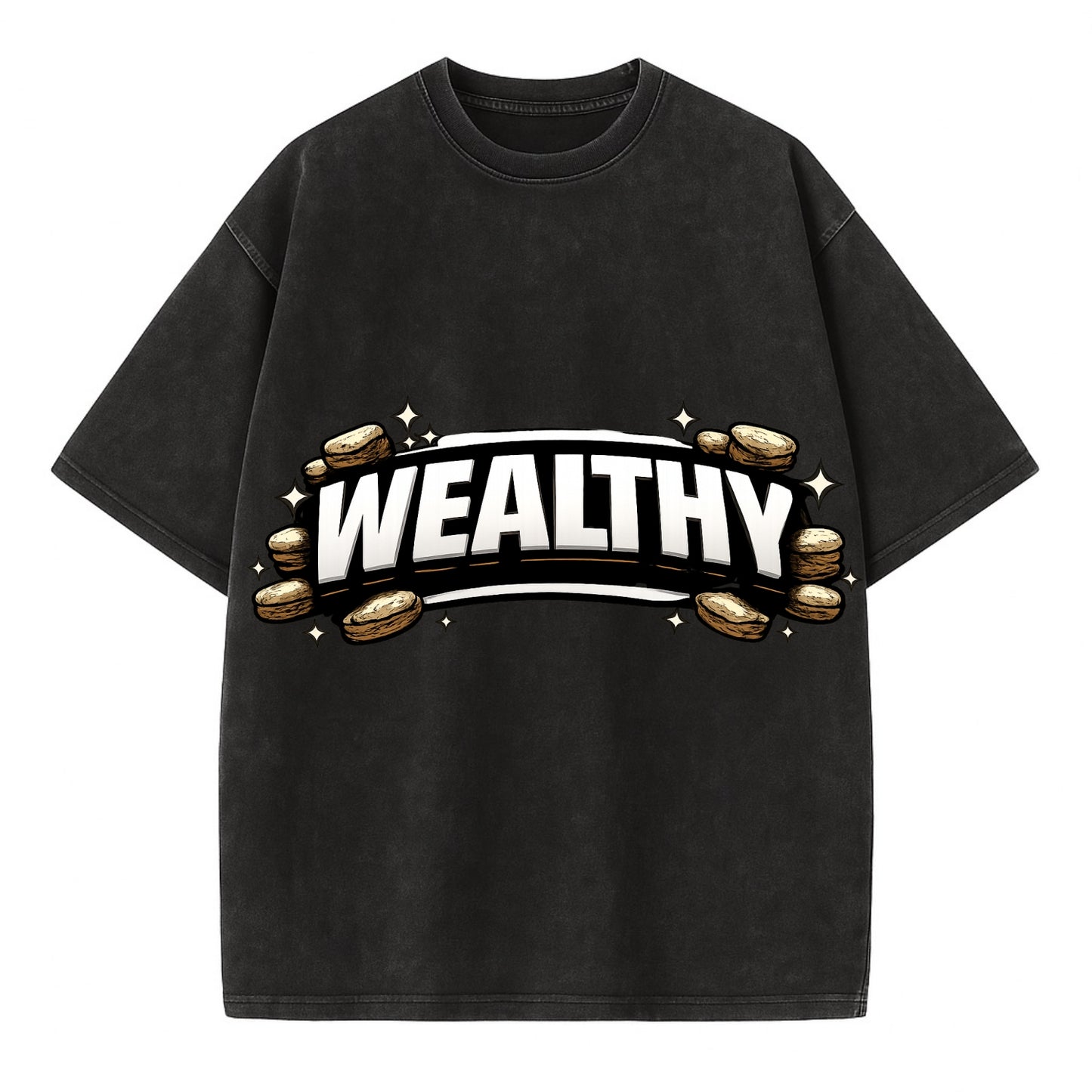 Bold typography design - "WEALTHY" - financial abundance, rich life - Vintage T-shirt - Black