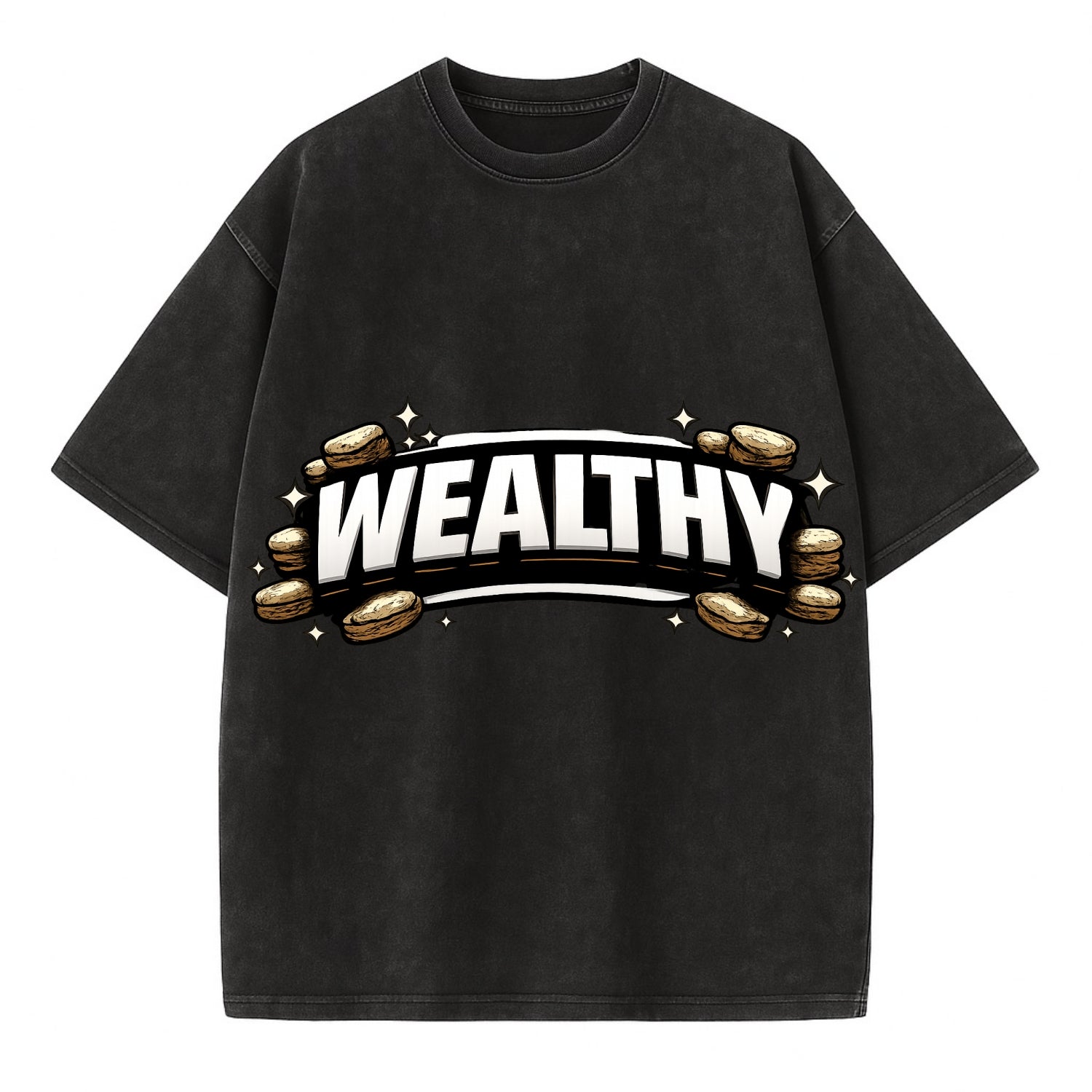 Bold typography design - "WEALTHY" - financial abundance, rich life - Vintage T-shirt - Black