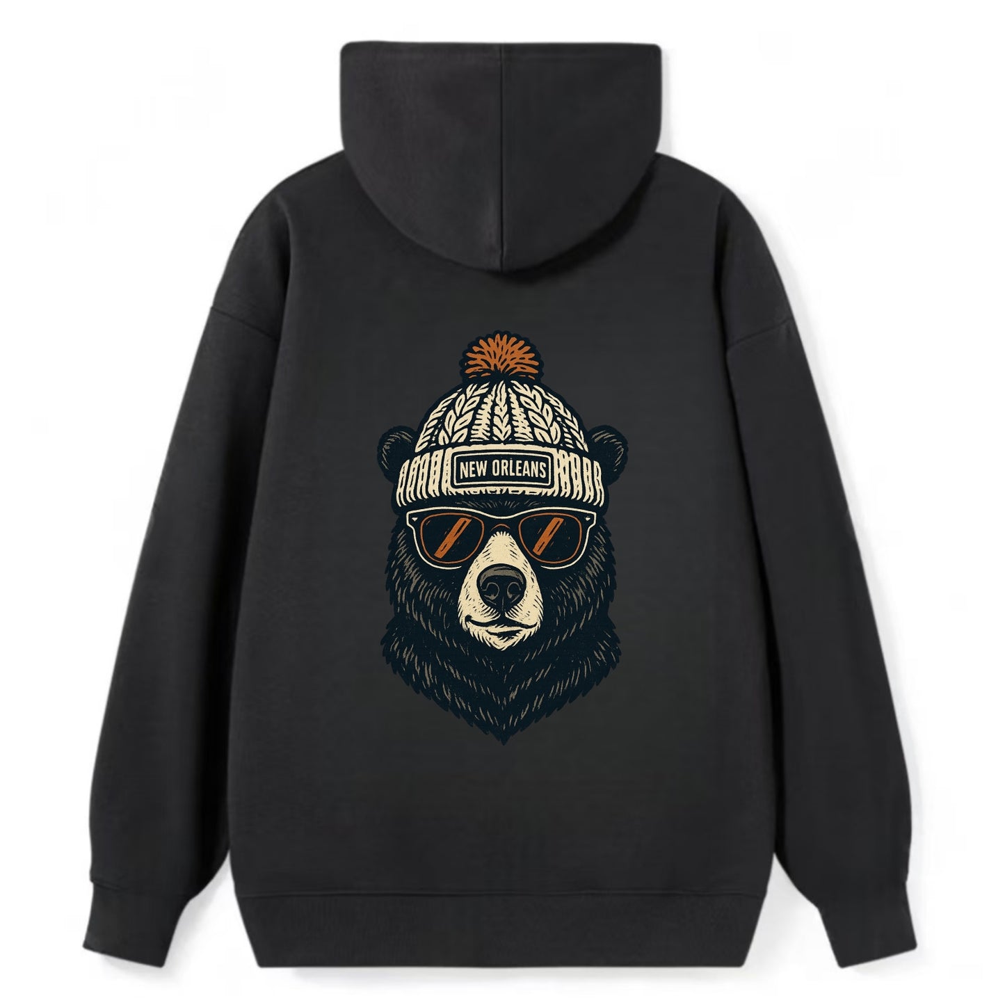 Louisiana Black Bear wearing New Orleans beanie with pom pom and wayfarer - Classic Pullover Hoodie - Black