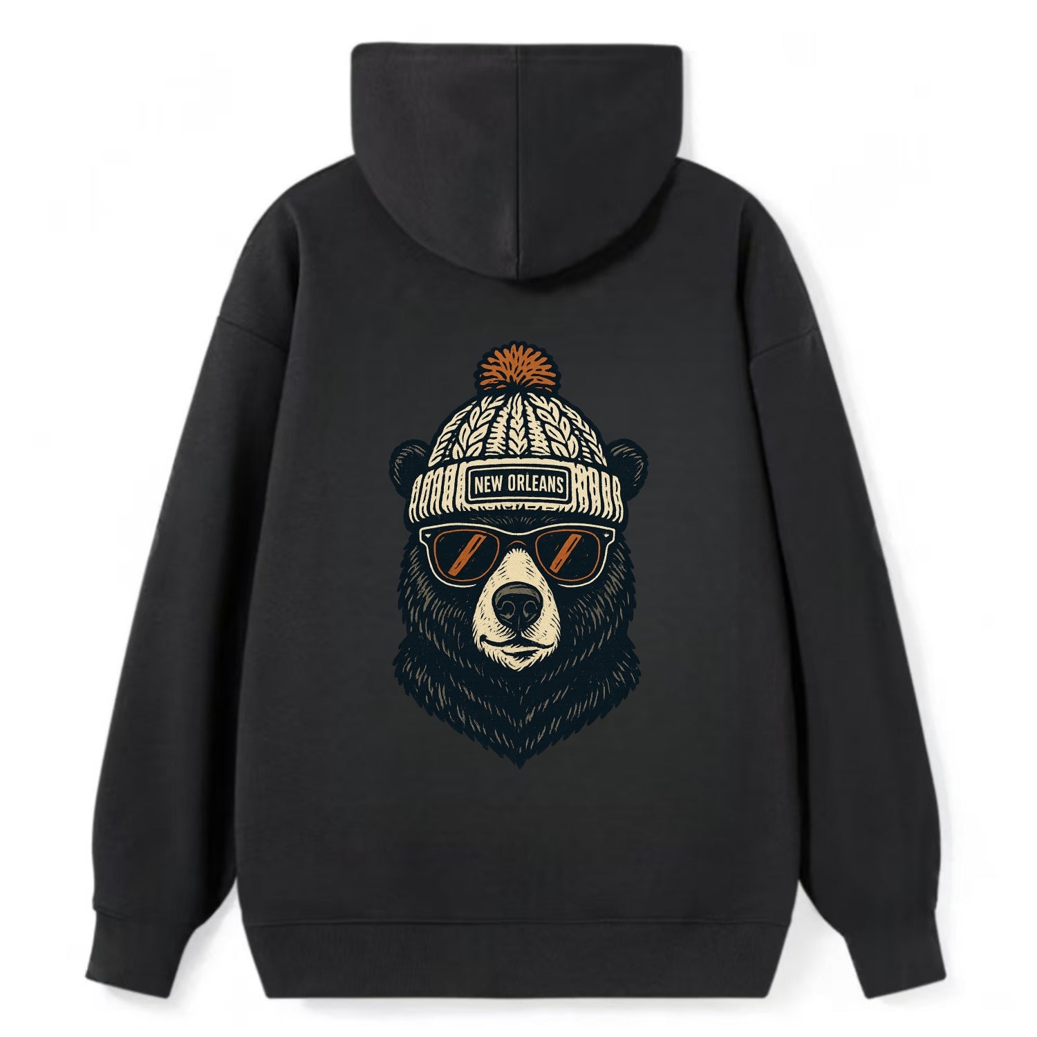 Louisiana Black Bear wearing New Orleans beanie with pom pom and wayfarer - Classic Pullover Hoodie - Black