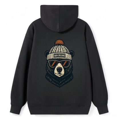 Louisiana Black Bear wearing New Orleans beanie with pom pom and wayfarer - Classic Pullover Hoodie - Black