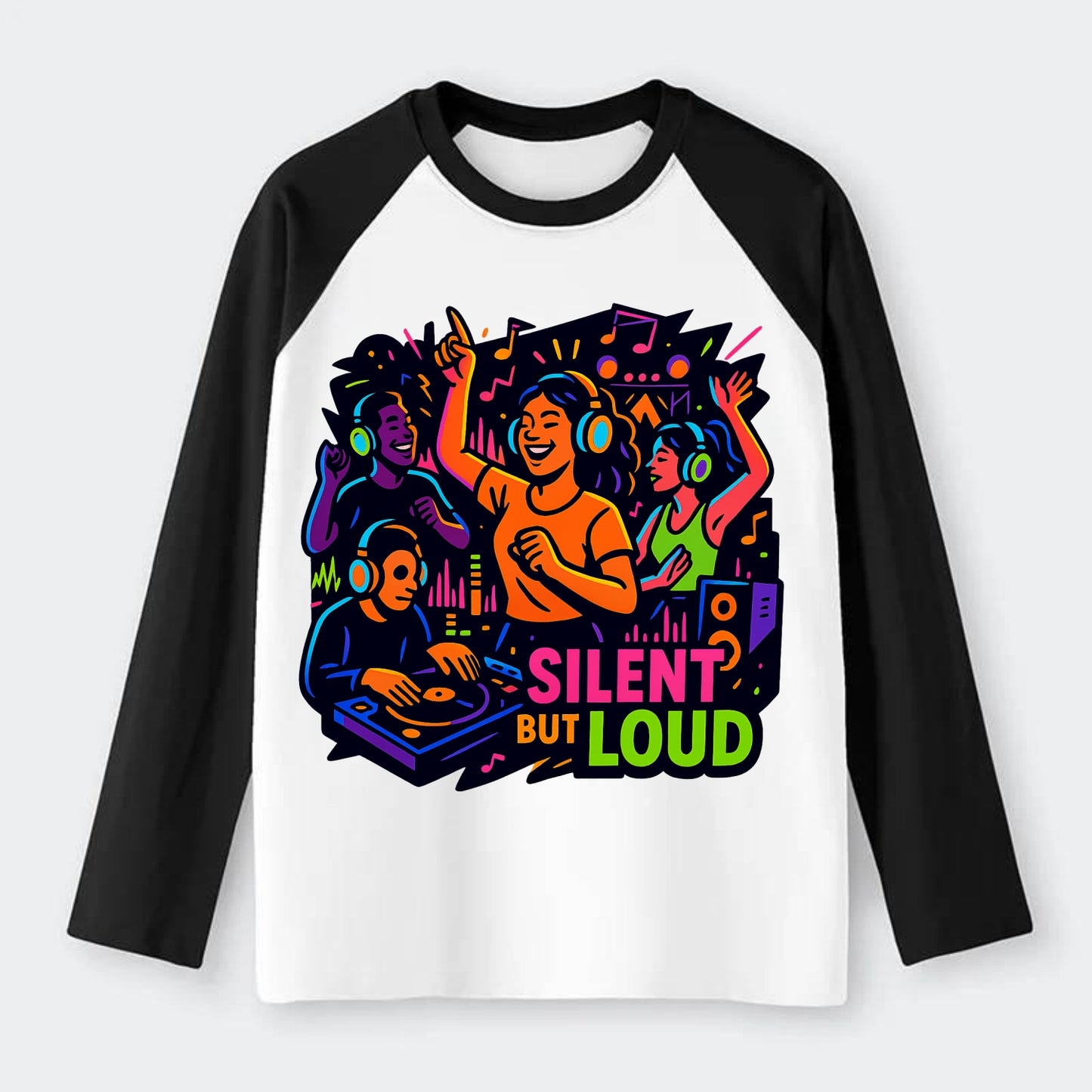 Silent disco dancers with glowing headphones - "Silent But Loud" - - Raglan Long Sleeve T-Shirt - Black