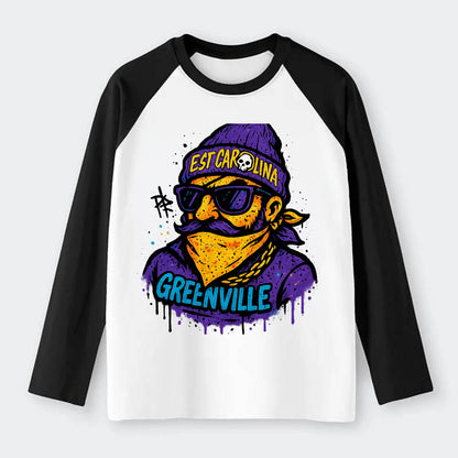 Greenville Pirate wearing East Carolina beanie with skull patch - Raglan Long Sleeve T-Shirt - Black
